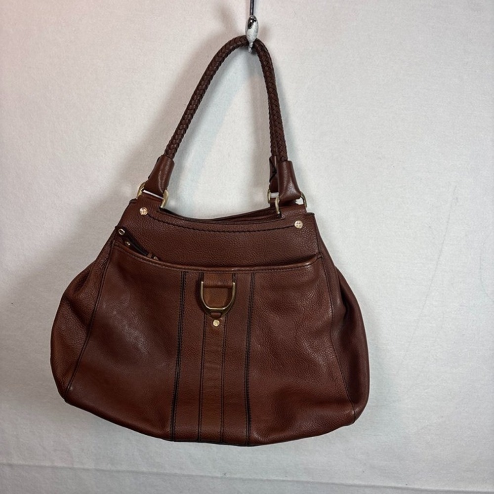Cole Haan Hobo Bagโ Womens Large Brown Leather Excellent Braided Strap D-Ring